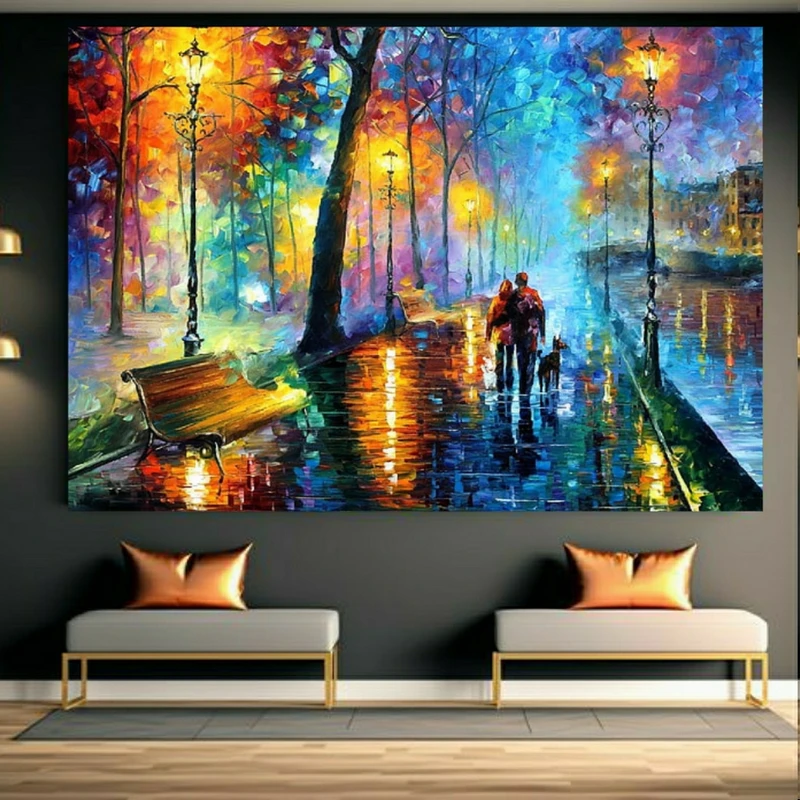 تابلو بوم طرح مخمل نقاشی شب بارانی مدل پیاده روی خیس کد BK23682