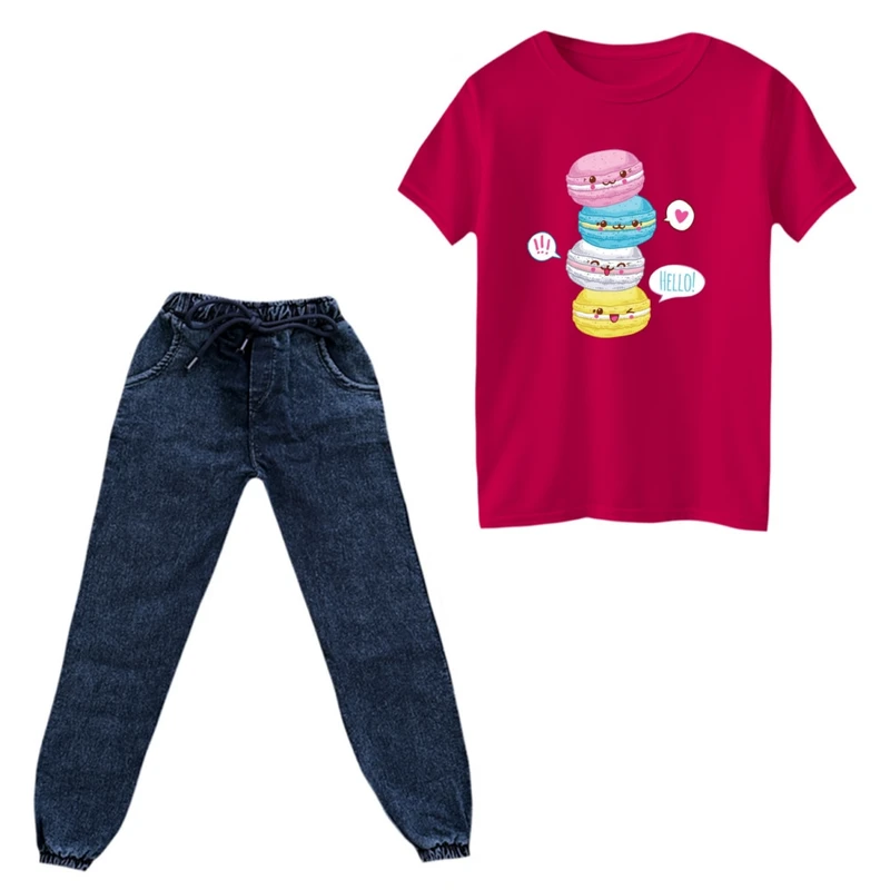 ست تی‌شرت و شلوار دخترانه مدل ماکارون