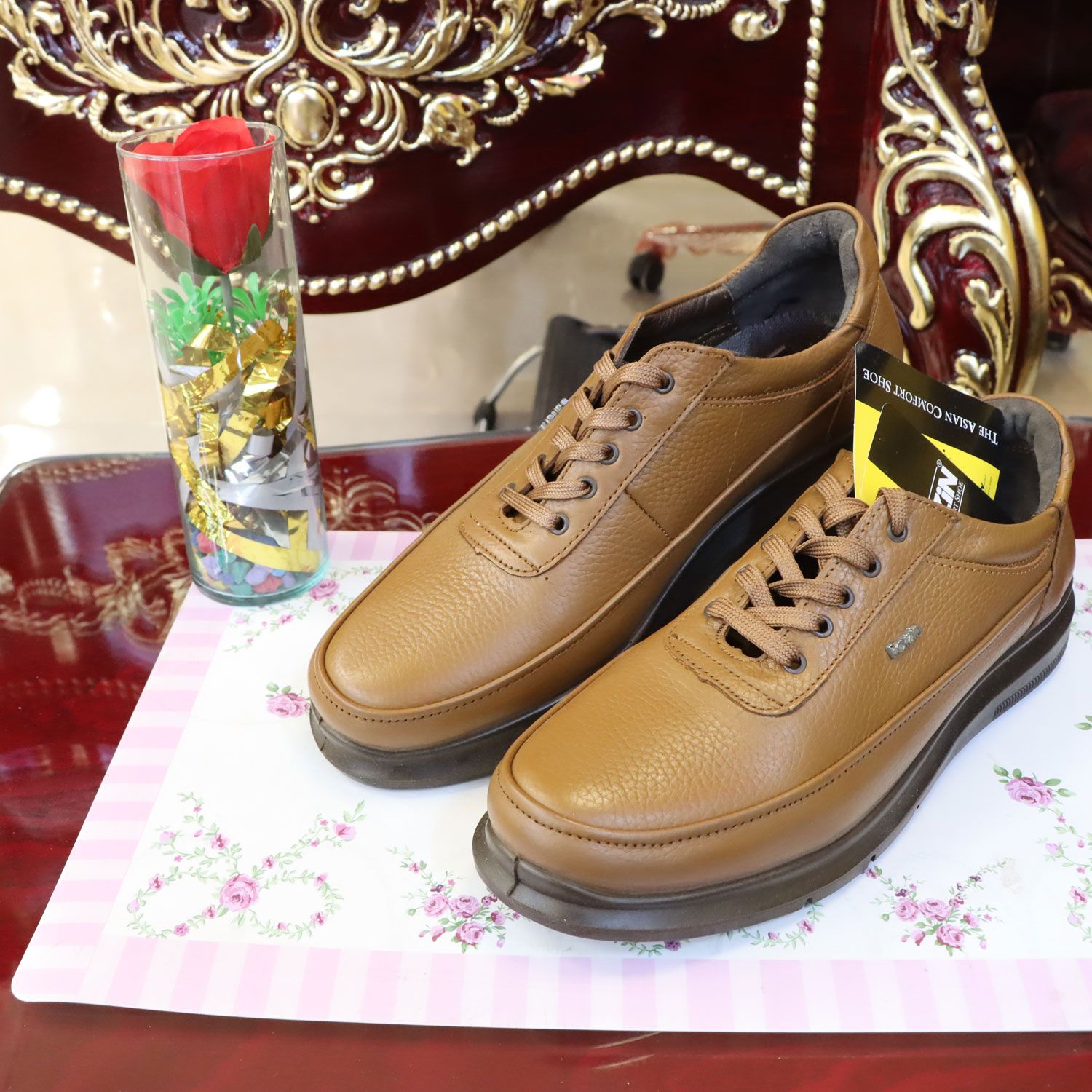 کفش روزمره مردانه کفش فرزین مدل چرم طبیعی ویبرام رنگ عسلی -  - 3