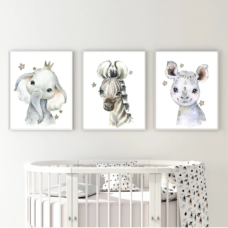تابلو اتاق کودک و نوزاد الفاپ مدل کرگدن گورخر فیل کد Watercolore Animals 003 مجموعه 3 عددی