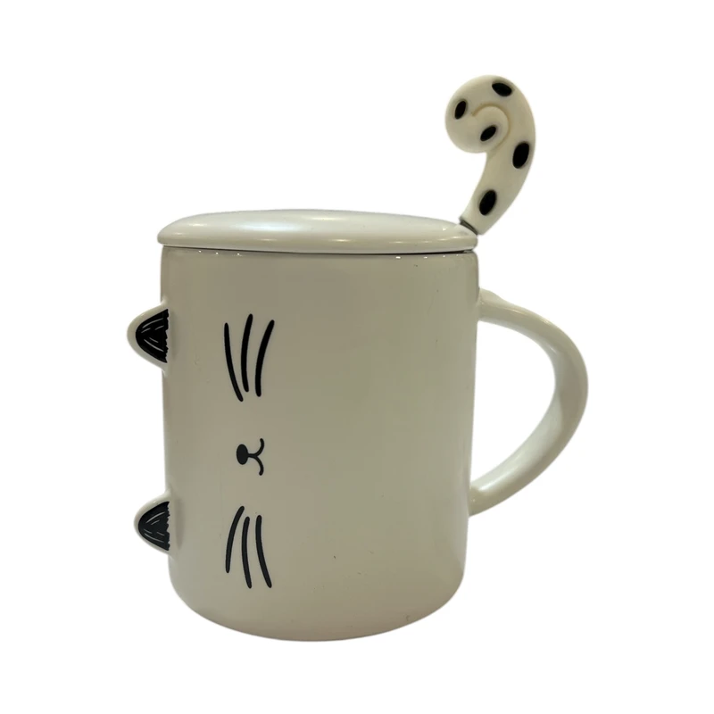 ماگ مدل درب دار به همراه قاشق طرح گربه گوش دار 