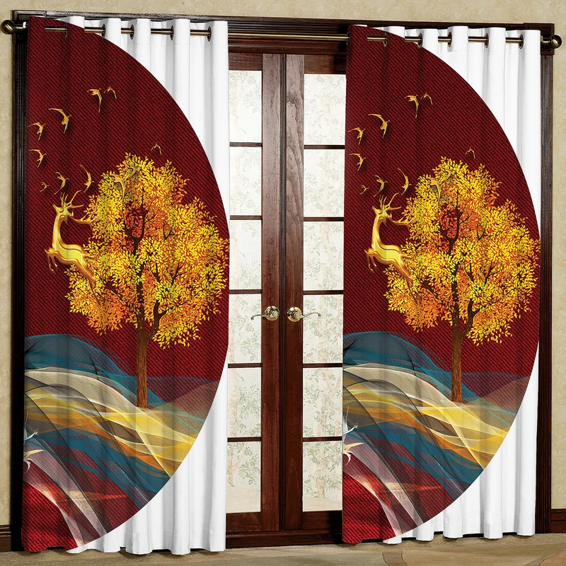 پرده مدل گوزن و درخت طلایی هازان پانچی کد 2434 سایز 140x200 سانتی متر