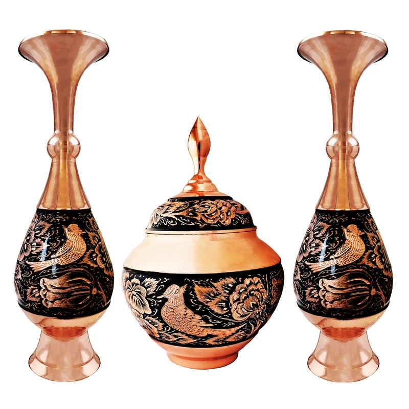 ست 3 تکه گلدان و شکلات خوری مسی مدل الماس تراش کد CB30