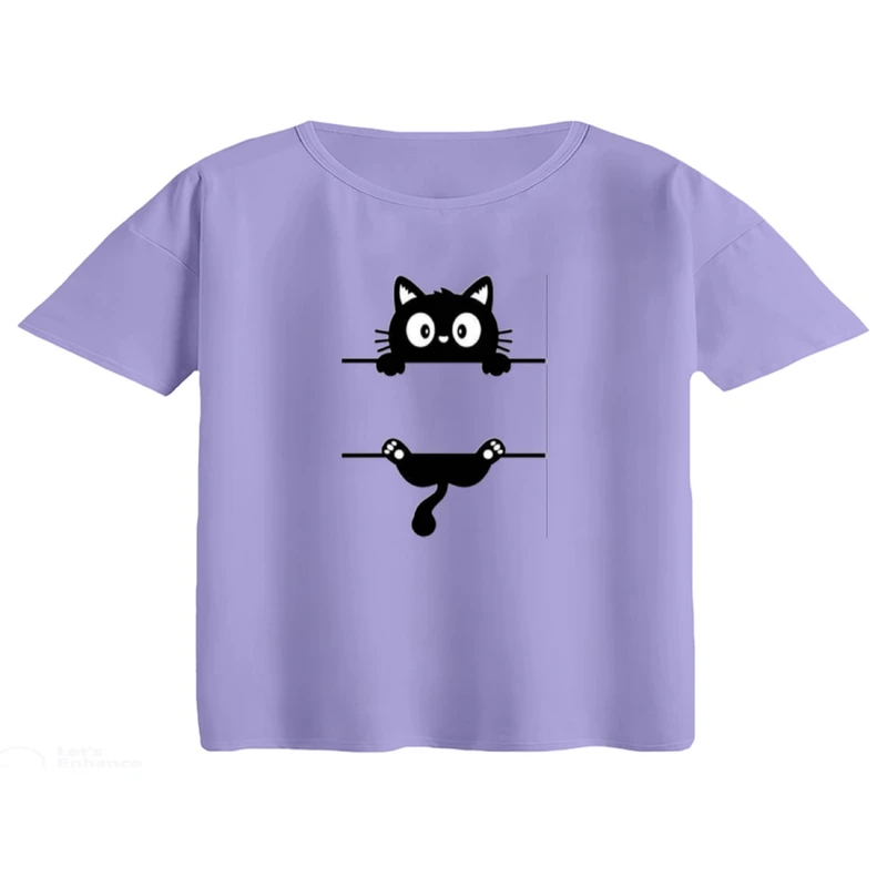 کراپ تی‌شرت آستین کوتاه زنانه مدل گربه آویزان