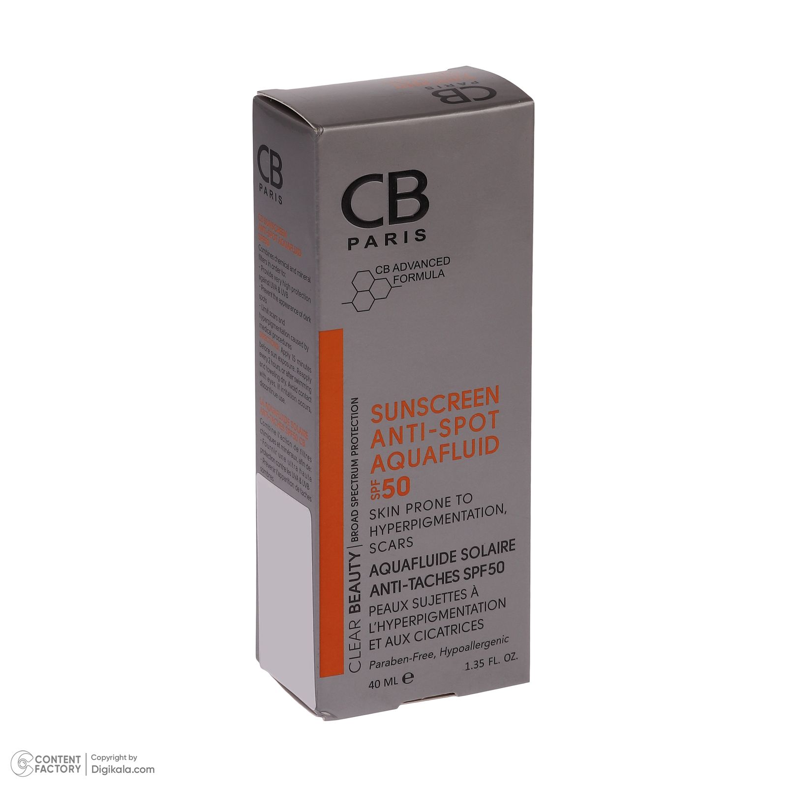 فلوئید ضد آفتاب بدون رنگ سی بی پاریس spf50 مدل Anti-Spot محافظ UVA،UVB مناسب پوست های  حساس و آکنه‌دار حجم 40 میلی لیتر -  - 6