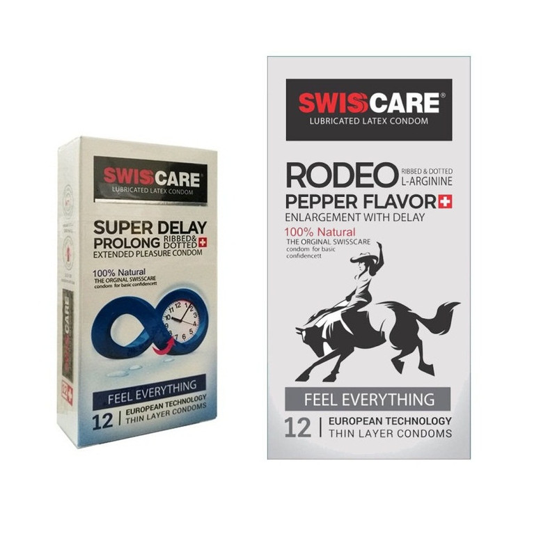 کاندوم سوئیس کر مدل SUPER DELAY بسته 12 عددی به همراه کاندوم کاندوم سوئیس کر مدل RODEO بسته 12 عددی