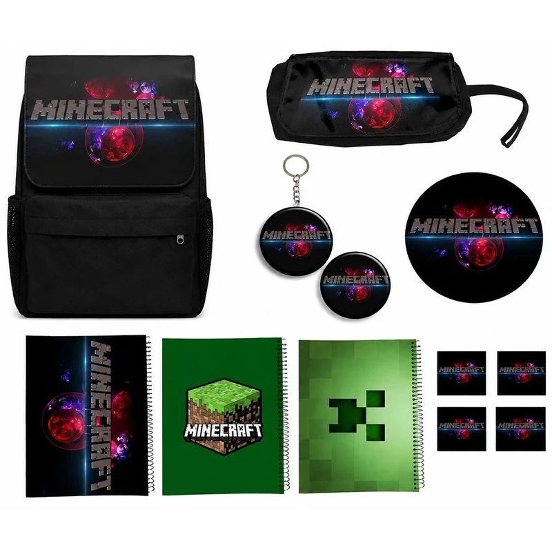 کوله پشتی طرح ماینکرفت کد Minecraft A5 به همراه دفتر مشق و جامدادی و زیر لیوانی و جاکلیدی و برچسب مجموعه 12 عددی