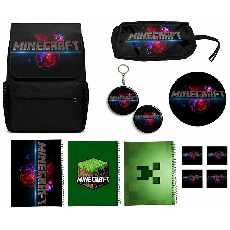 کوله پشتی طرح ماینکرفت کد Minecraft A5 به همراه دفتر مشق و جامدادی و زیر لیوانی و جاکلیدی و برچسب مجموعه 12 عددی