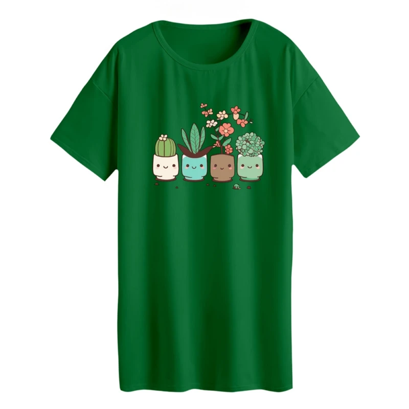 تی شرت لانگ زنانه مدل گلدان ها رنگ سبز