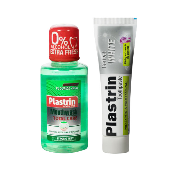 خمیر دندان پلاستین مدل Perfect White حجم 120 میلی لیتر به همراه دهان شویه پلاسترین مدل Total Care حجم 300 میلی لیتر