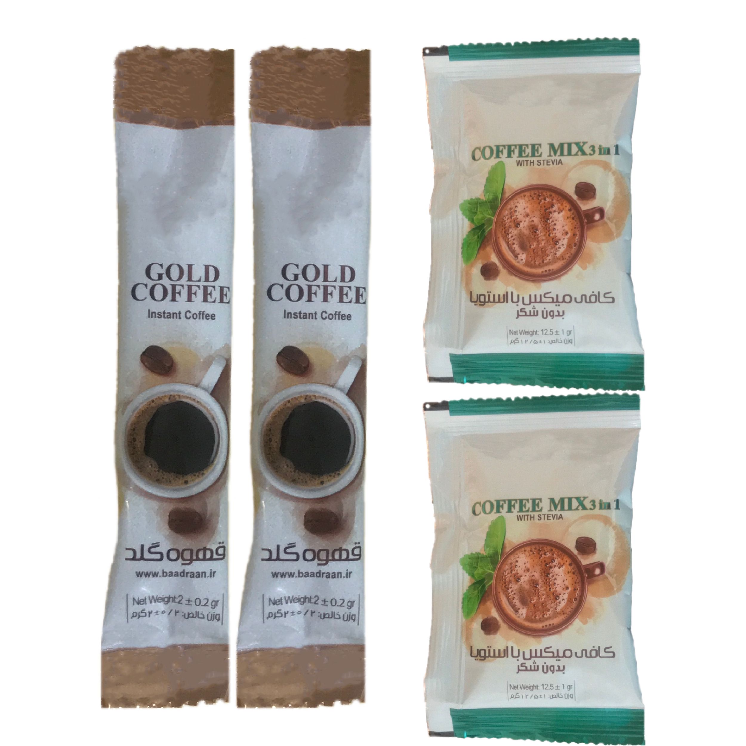 پودر قهوه فوری گلد کافه بسته ٢ عددی به همراه کافی میکس بدون شکر استویا بسته 2 عددی