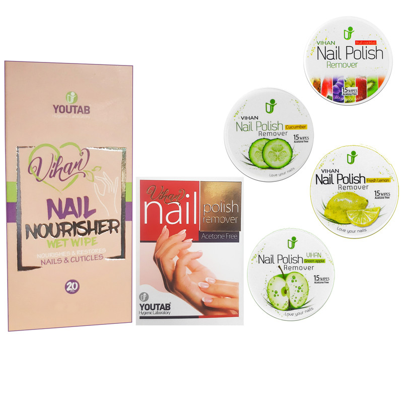 پد لاک پاک کن ویهان کد B500 بسته 5 عددی به همراه دستمال تقویت ناخن ویهان مدل 423 بسته 20 عددی