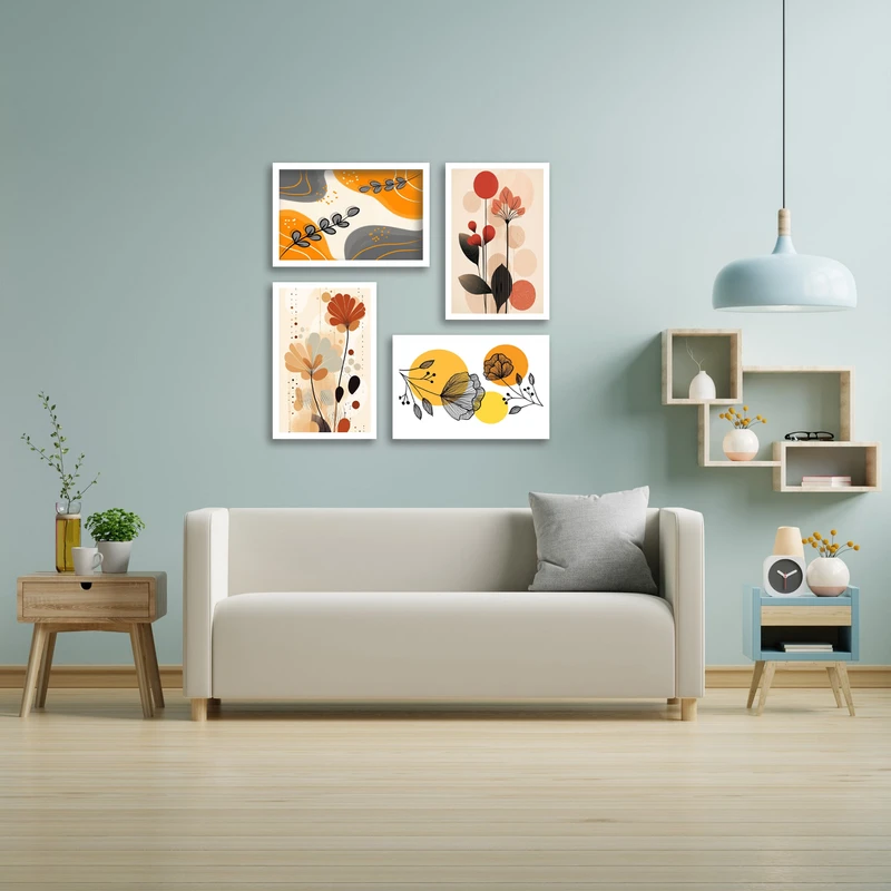 تابلو بکلیت طرح هنری مدرن و دکوری دکوراتیو کلاسیک و مینیمال  دسته گل مدل  W-bu3855 مجموعه چهار عددی فریم سفید