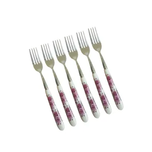 چنگال میوه خوری مدل دسته سرامیک گلدار کد FF35 بسته 6 عددی