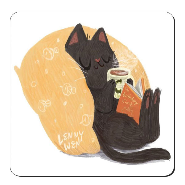 زیر لیوانی طرح گربه و کتاب و فنجان قهوه کد nzl573