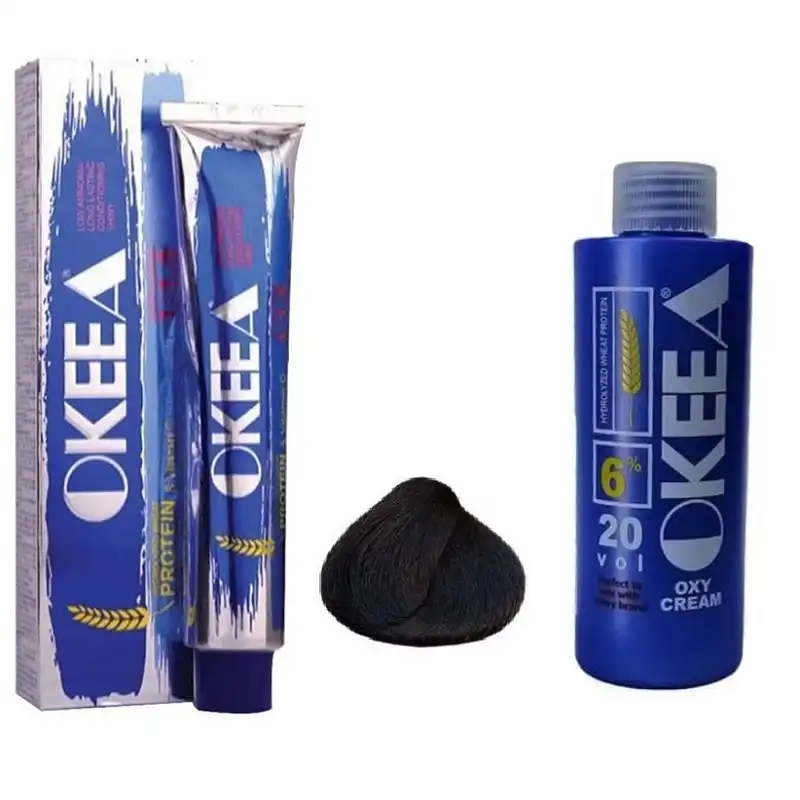 رنگ مو اکیا سری طبیعی شماره 1 حجم 200 میلی لیتر رنگ مشکی به همراه اکسیدان مدل 20V شش درصدی حجم 150 میلی لیتر مجموعه 2 عددی