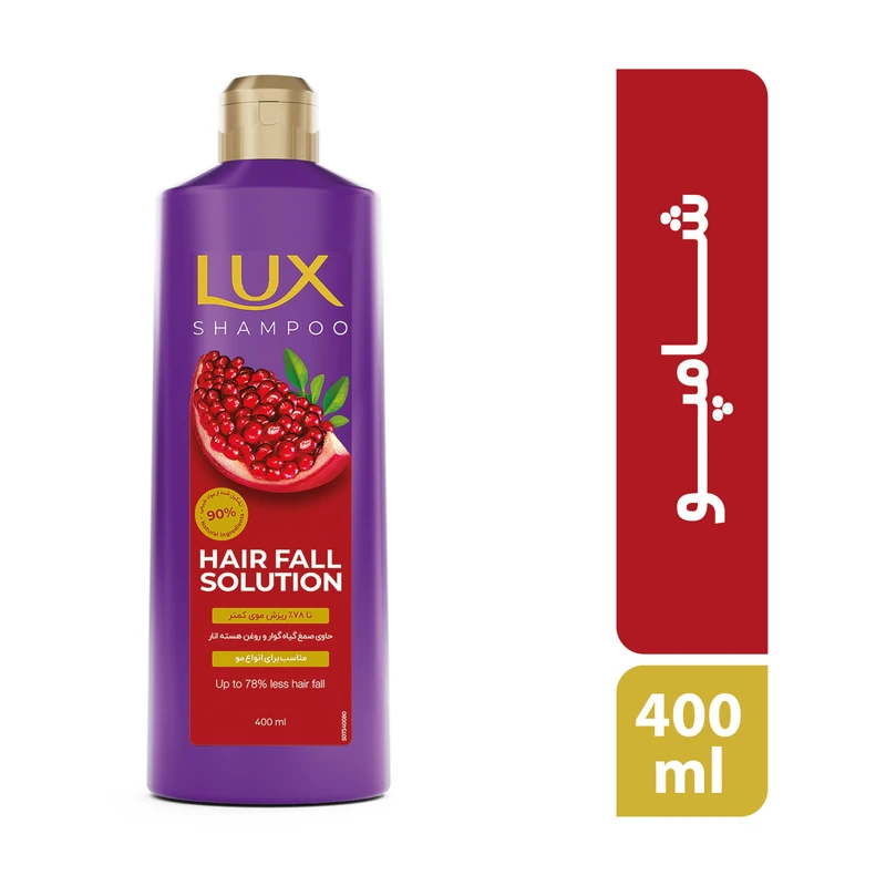 شامپو ضد ریزش مو لوکس، سازگار با انواع مو، حاوی صمغ گیاه گوار و روغن هسته انار، با حجم 400 میلی‌لیتر مدل Hair Fall Solution