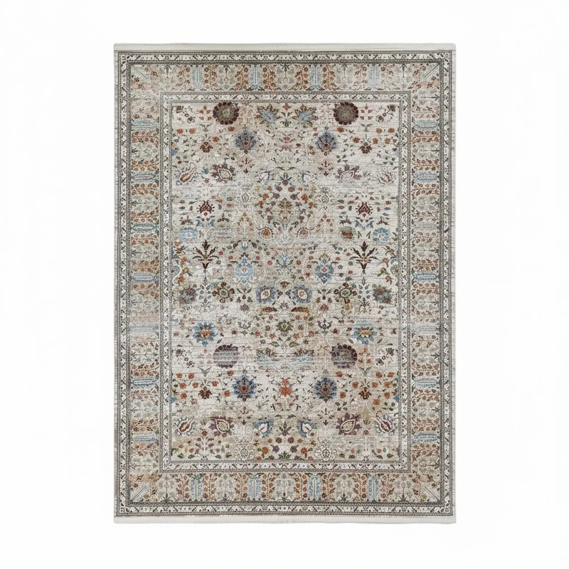 فرش ماشینی 1200 شانه زمینه کرم حاشیه کرم بژ مدل افشان کهن اکریلیک سری وینتیج