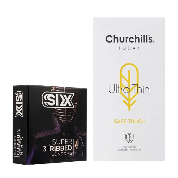 کاندوم چرچیلز مدل Safe Touch بسته 12 عددی به همراه کاندوم سیکس مدل شیاردار بسته 3 عددی 
