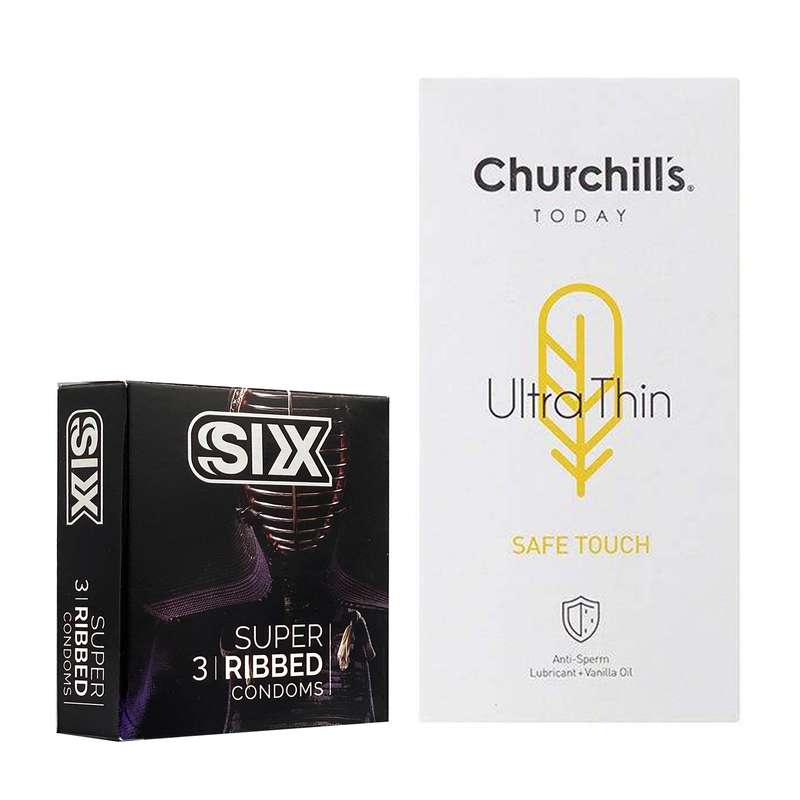 کاندوم چرچیلز مدل Safe Touch بسته 12 عددی به همراه کاندوم سیکس مدل شیاردار بسته 3 عددی