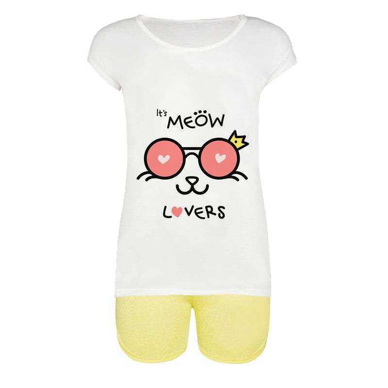 ست تیشرت و شلوارک زنانه طرح Meow Cat کد 02 ye