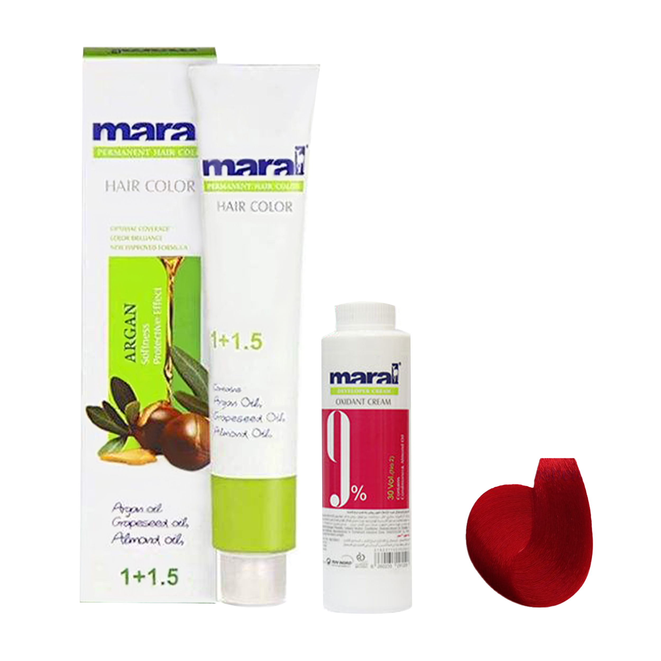 کیت رنگ مو مارال شماره 7.66 حجم 100 میلی لیتر رنگ قرمز آتشین به همراه اکسیدان مارال مدل 30vol نه درصدی حجم 150 میلی لیتر