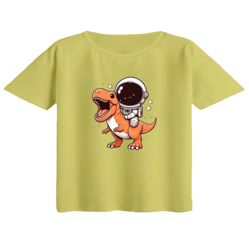 کراپ تی‌شرت آستین کوتاه زنانه مدل فضانورد و دایناسور کد1