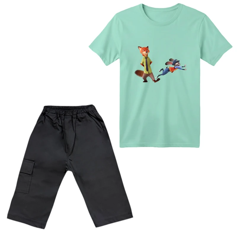 ست تی‌شرت آستین کوتاه و شلوارک پسرانه مدل زوتوپیا کد 1 رنگ سبز روشن