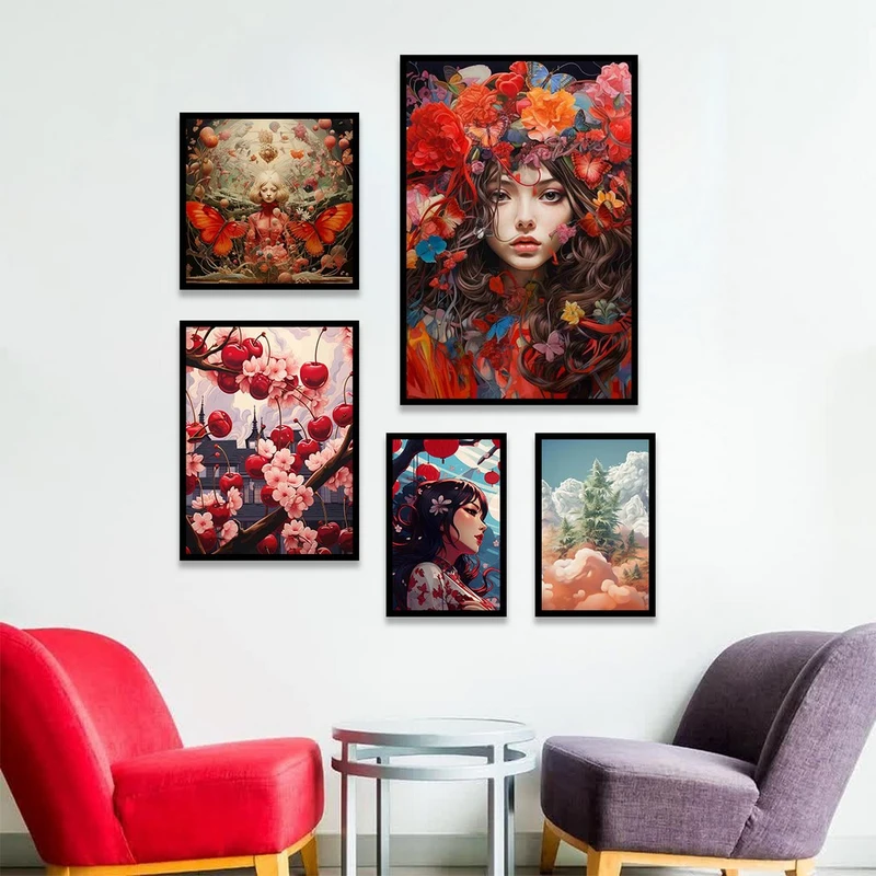 تابلو بکلیت مدل طرح نقاشی چهره و گل قرمز B-1130 مجموعه 5 عددی