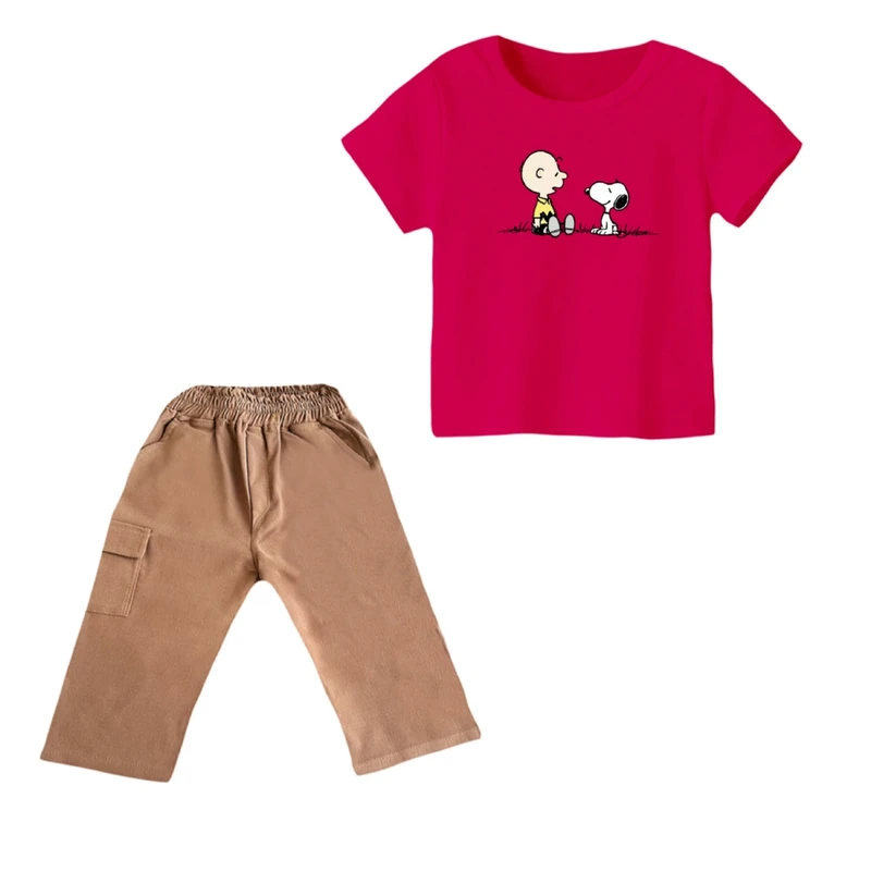 ست تی شرت و شلوارک پسرانه مدل اسنوپی کد ۷ رنگ سرخابی