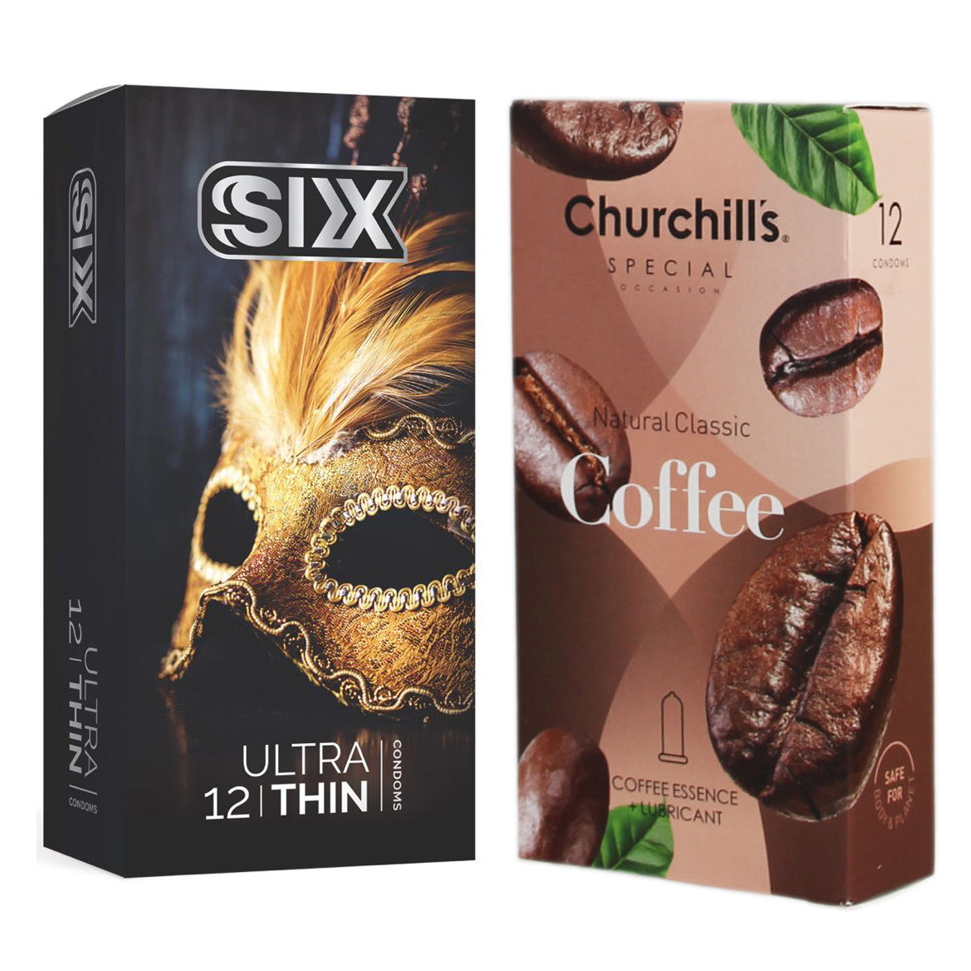 کاندوم چرچیلز مدل Coffee بسته 12 عددی به همراه کاندوم سیکس مدل حساس و فوق العاده نازک بسته 12 عددی