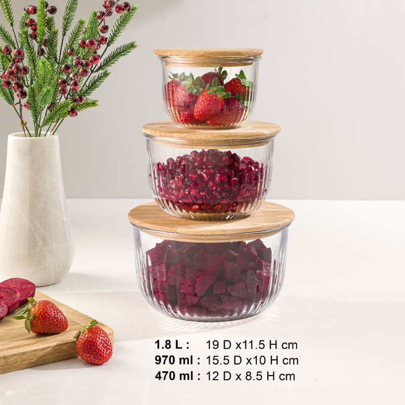 ظرف نگهدارنده لیمون مدل گرد شیاردار درب چوبی 2212 مجموعه 3 عددی