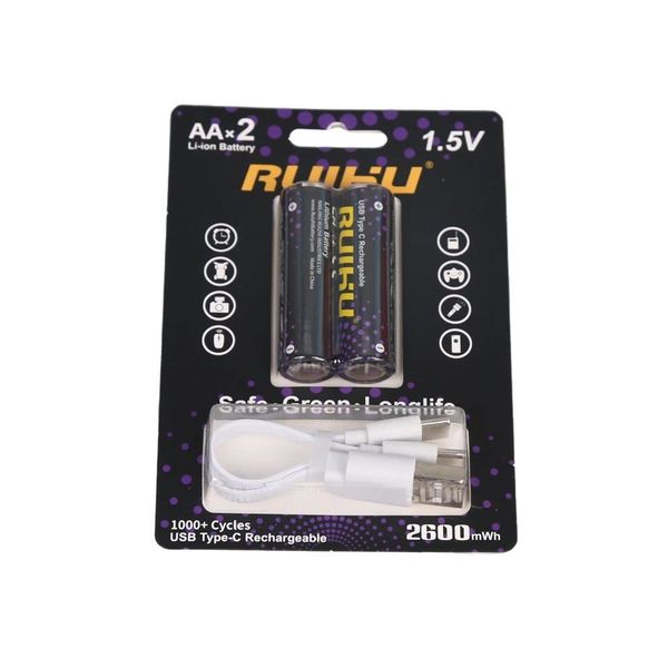 باتری قلمی قابل شارژ مدل type c ظرفیت 2600 میلی آمپر ساعت بسته دو عددی به همراه کابل USB-C