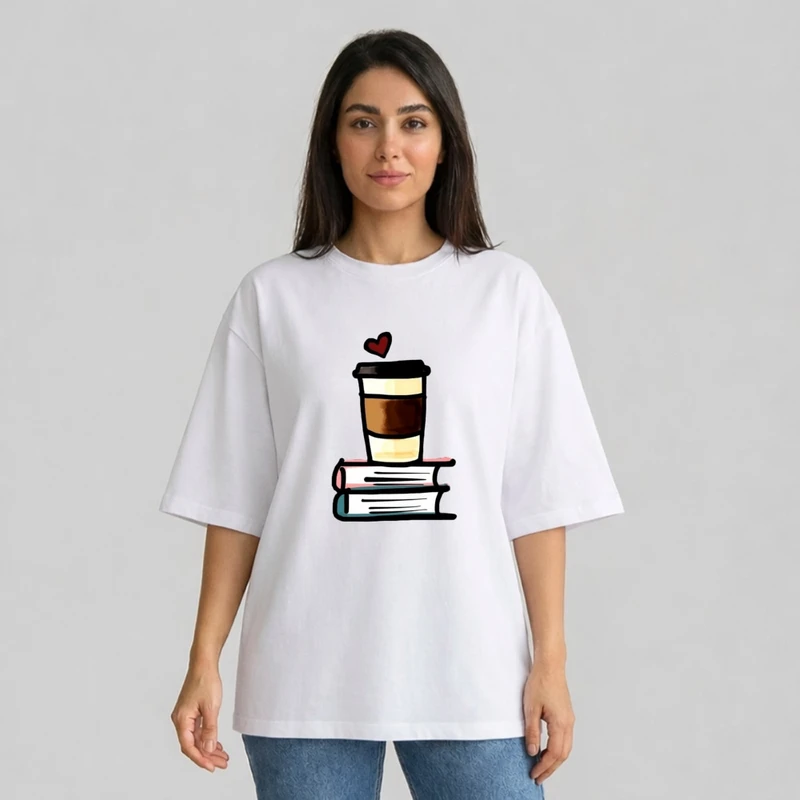 تی شرت آستین سه ربع زنانه مدل باکسی طرح کتاب و کافی
