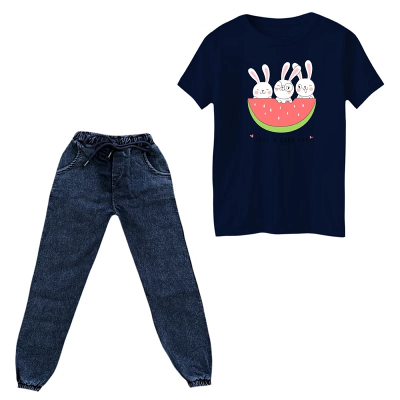 ست تی‌شرت و شلوار دخترانه مدل خرگوش یلدایی کد 4