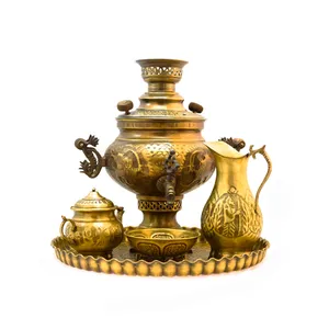 سرویس سماور ذغالی 5 پارچه برنجی مدل عدسی قلم کاری کد 3359