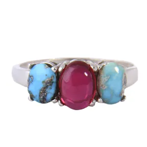 انگشتر نقره زنانه بازرگانی میلادی مدل سنگ یاقوت و فیروزه رکاب سیلندری کد AW_019