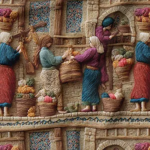 پارچه ملحفه عرض 1.5 متر پارچه باما طرح پنج بعدی نوستالژی بازار کد 5014245 رنگ قهوه‌ای روشن