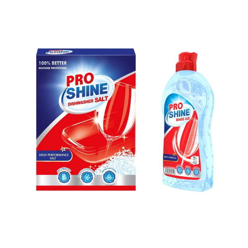 مایع جلادهنده ماشین ظرفشویی پروشاین مدل 3IN1 FORMULA وزن 500 گرم و نمک ماشین ظرفشویی پروشاین مدل HIGH PERFORMANCE FORMULA وزن 2000 گرم