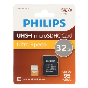 کارت حافظه MicroSDHC فیلیپس مدل Ultra Speed کلاس 10 استاندارد UHS-I U3 سرعت 95MBps ظرفیت 32 گیگابایت به همراه آداپتور