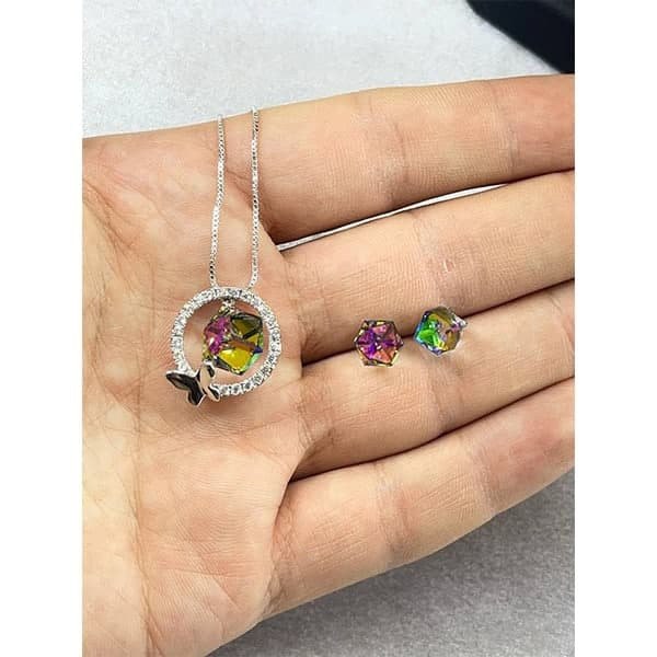 نیم ست نقره زنانه سواروسکی مدل مکعب و پروانه کد 120023