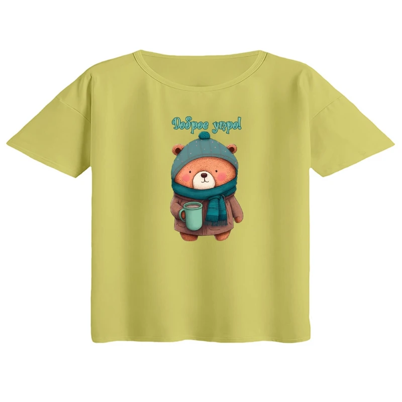 کراپ تی‌شرت آستین کوتاه زنانه مدل خرس و شال گردن