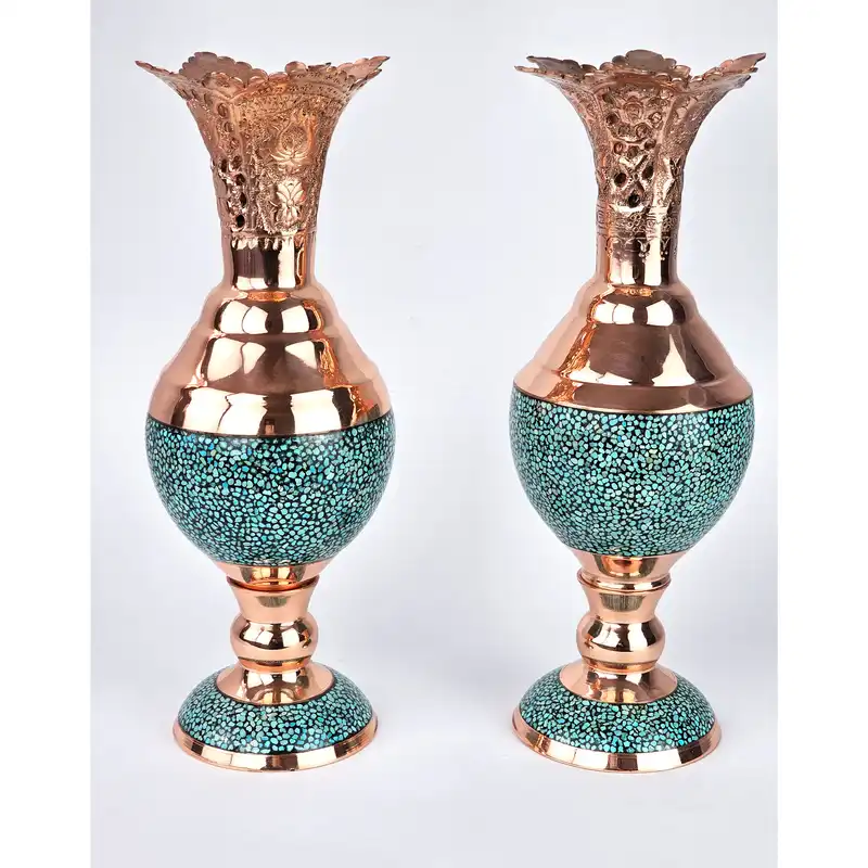 گلدان فیروزه کوبی مسی مدل سنبلدان کد S01 مجموعه 2 عددی