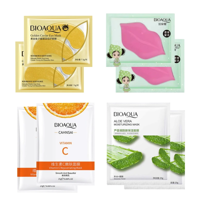 ماسک صورت بایو آکوا مدل ویتامین سی بسته 4 عددی وزن 25 گرم به همراه ماسک صورت و چشم بایو آکوا وزن 15 گرم بسته 4 عددی