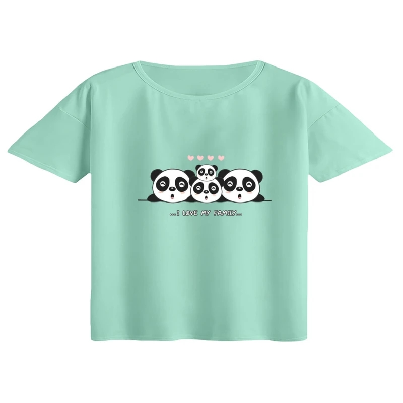 کراپ تی‌شرت آستین کوتاه زنانه مدل خانواده پاندا