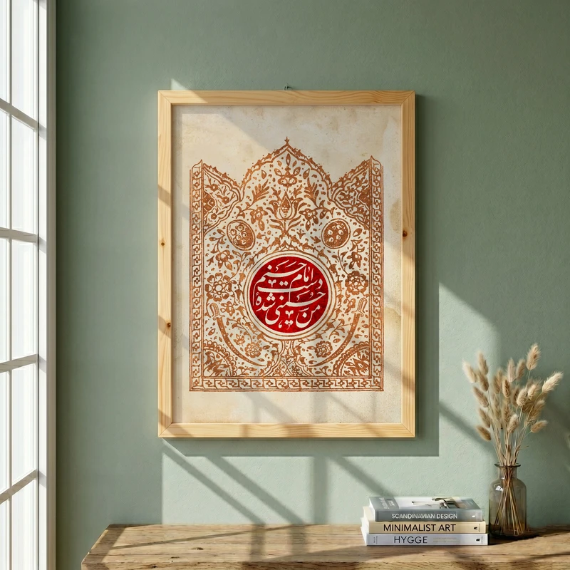 تابلو طرح من حسینی شده دست امام حسنم مدل G14788 فریم کرم روشن