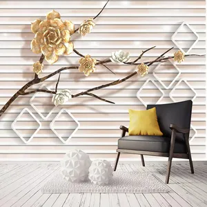 پوستر دیواری سه بعدی مدل شاخه گل برجسته زمینه راه راه DVRF1461