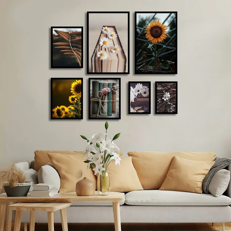 تابلو بکلیت طرح مدرن طبیعت و گل آفتابگردان مدل B-1663 مجموعه 7 عددی