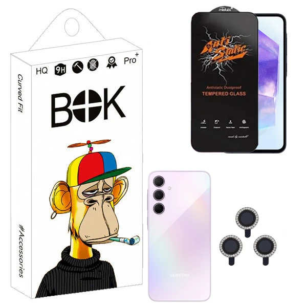 محافظ صفحه نمایش بوک مدل Antistatic Glavers مناسب برای گوشی موبایل سامسونگ galaxy A35 به همراه محافظ لنز نگینی 
