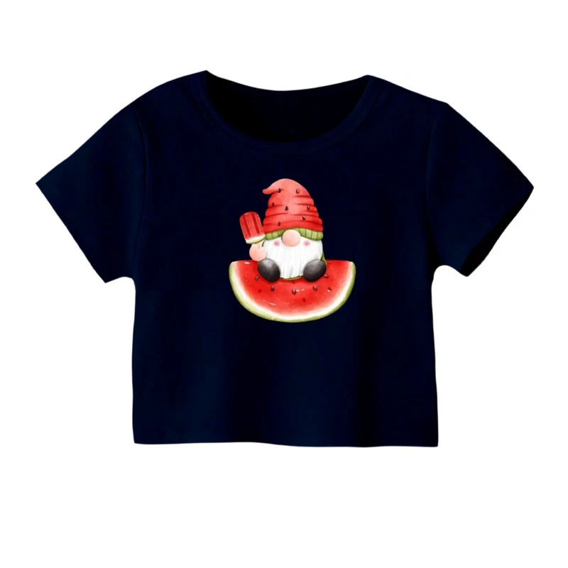 کراپ‌ تی‌شرت آستین کوتاه زنانه مدل بابانوئل و هندوانه یلدایی کد 3